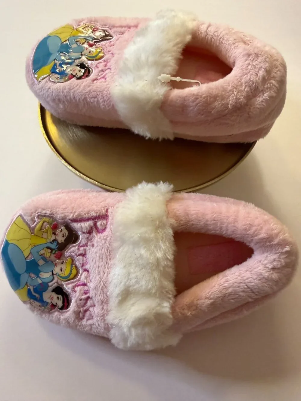 DISNEY PRINCESS, Girl's Pink Plush Faux Fur Slippers, Size L (9-10)